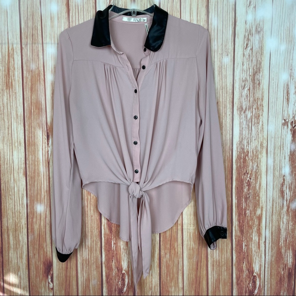 Have Leather Trim High Low Tie Front Blouse (M)